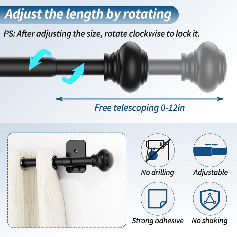 Authandis Black Curtain Rod for Windows 30 to 60 Inches,5/8 Inch Diameter Small Curtain Rods Set with Adhesive Brackets,Renter Friendly Adjustable Curtain Rods for Bedroom,Living room - Image 3