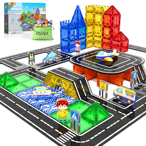 IGIVI 112PCS Magnetic Tiles Road Set with Vibrant Color  Ultra Magnet Strength City Road Building Blocks Construction Toys for Toddlers Kids Ages 312 Creative Gifts STEM Toys for 3 Years Old Boys Girls - Image 1