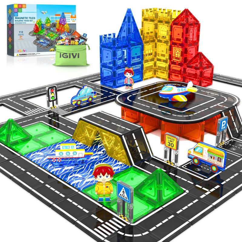 IGIVI 112PCS Magnetic Tiles Road Set with Vibrant Color  Ultra Magnet Strength City Road Building Blocks Construction Toys for Toddlers Kids Ages 312 Creative Gifts STEM Toys for 3 Years Old Boys Girls - Image 3
