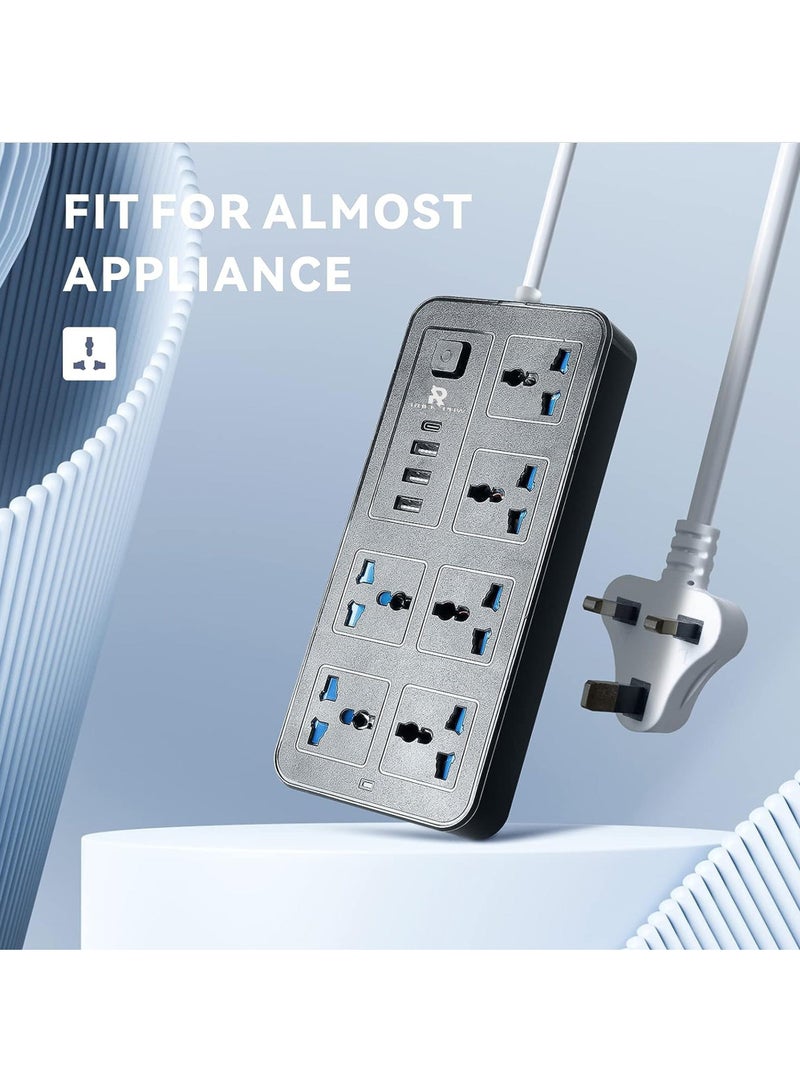 Rock Pow Universal Extension Lead with Multiple Function UK Plug 3 Pin Socket Outlet with 6 Gang 3 USB Port 1 Type-C Port 1.8M Electric Socket Mains Strip for Home Kitchen and Office - Image 4