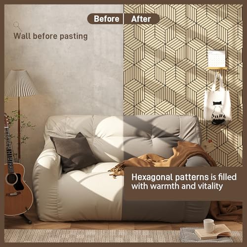 MelunMer Brown Geometric Wallpaper Peel and Stick Removable Self Adhesive 118In L 17.7In W Brown and Black Wallpaper for Bedroom/Bathroom Waterproof Modern Contact Paper for Cabinets Drawer Hexagon - Image 3