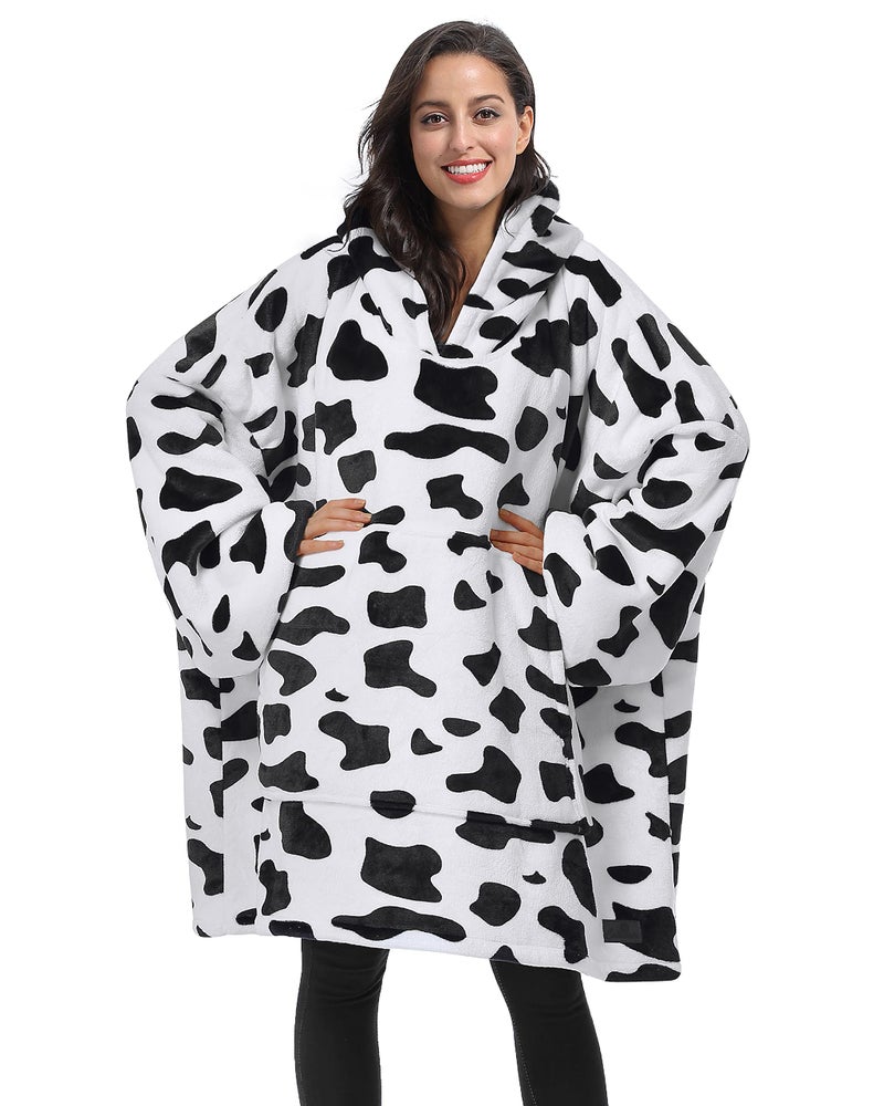 Tirrinia cow Printed Oversized Hoodie Blanket Sweatshirt Pullover Sherpa giant Wearable Blankets gift for Adults Women Teenagers Wife girlfriend Dalmation 