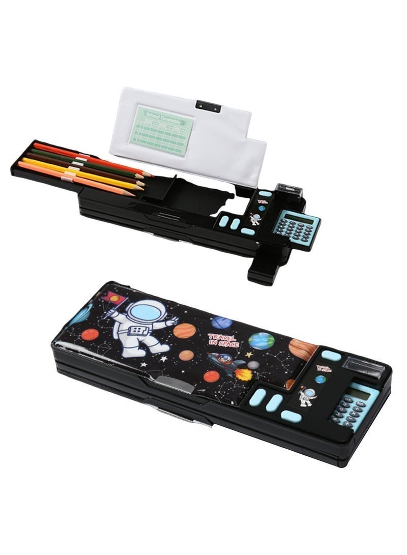 Pencil Case for Kids – Multi-Functional Double-Sided Magnetic Stationery Box with Built-in Calculator & Sharpener, Cute Astronaut Design, Large Capacity for School Supplies (Black) - Image 1