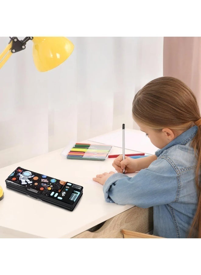 Pencil Case for Kids – Multi-Functional Double-Sided Magnetic Stationery Box with Built-in Calculator & Sharpener, Cute Astronaut Design, Large Capacity for School Supplies (Black) - Image 5