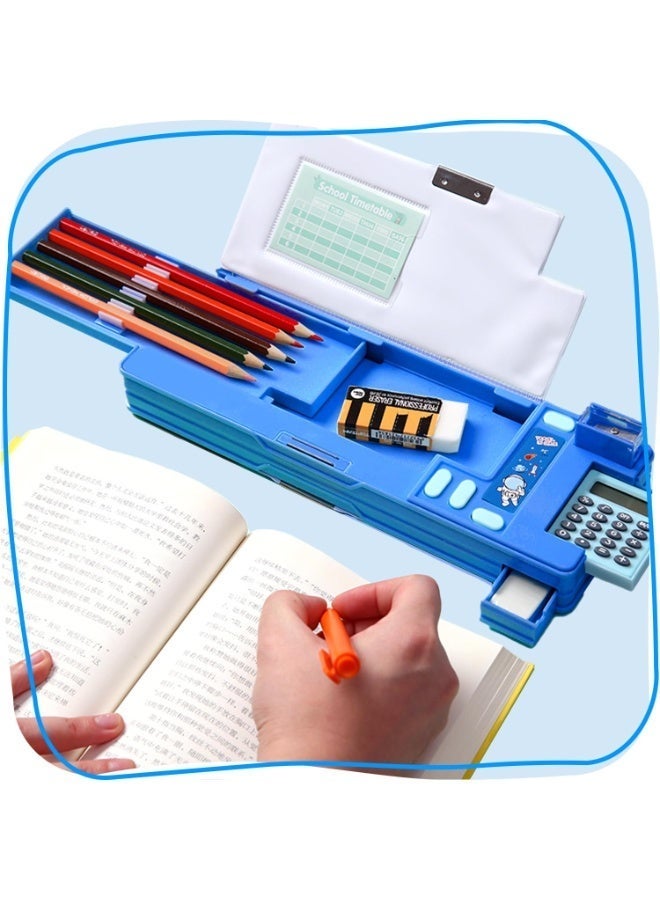 Pencil Case for Kids – Multi-Functional Double-Sided Magnetic Stationery Box with Built-in Calculator & Sharpener, Cute Astronaut Design, Large Capacity for School Supplies (Black) - Image 3