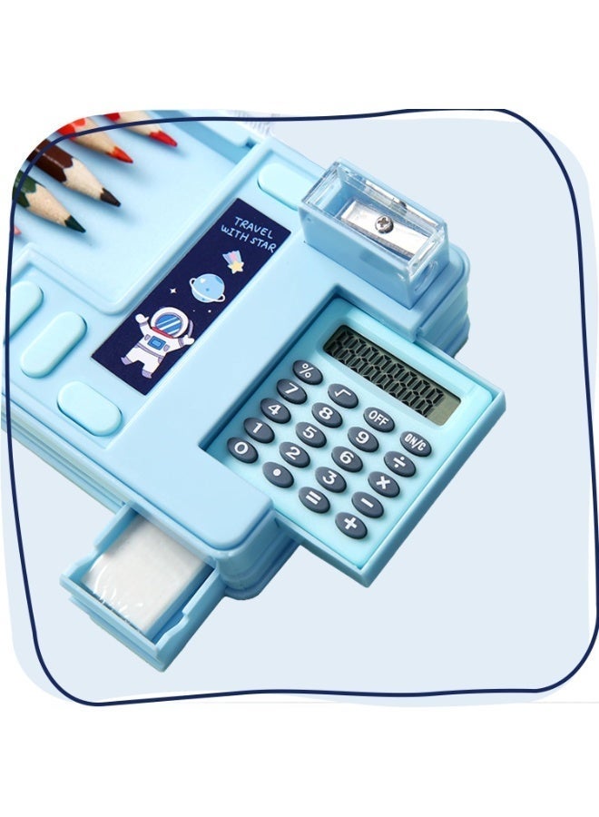 Pencil Case for Kids – Multi-Functional Double-Sided Magnetic Stationery Box with Built-in Calculator & Sharpener, Cute Astronaut Design, Large Capacity for School Supplies (Black) - Image 4