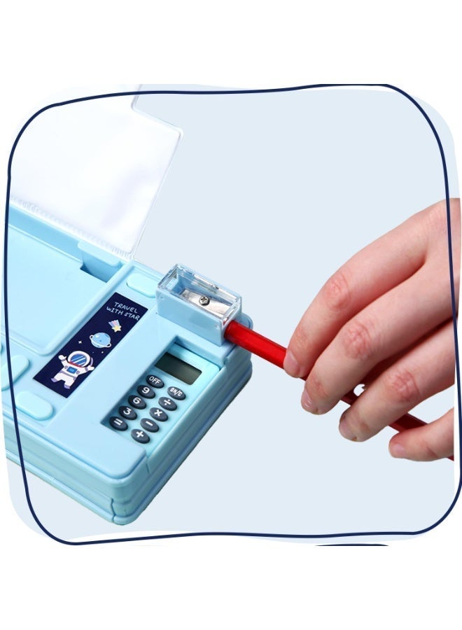 Pencil Case for Kids – Multi-Functional Double-Sided Magnetic Stationery Box with Built-in Calculator & Sharpener, Cute Astronaut Design, Large Capacity for School Supplies (Black) - Image 2