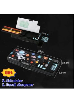 Generic Creative Multi-functional Plastic Stationery Box for Primary School Students Double-sided Magnetic Pencil Calculator Sharpener (Black, Astronaut)  - Image 2