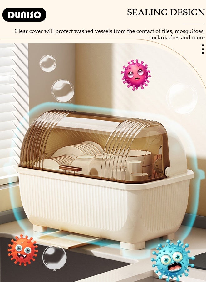 DUNISO Dish Drying Rack with Lid, Large Dish Rack for Kitchen Cabinets, Plastic Dish Drainer with Drainboard Tray, Kitchen Plate Cup Tray Cutlery Drainer, Space Saving Kitchen Countertop Organizer, Dustproof Nursing Baby Bottle Drying Rack Storage Box - Image 3