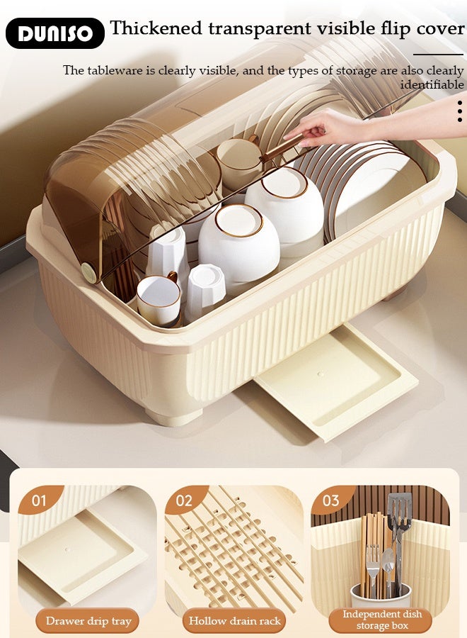 DUNISO Dish Drying Rack with Lid, Large Dish Rack for Kitchen Cabinets, Plastic Dish Drainer with Drainboard Tray, Kitchen Plate Cup Tray Cutlery Drainer, Space Saving Kitchen Countertop Organizer, Dustproof Nursing Baby Bottle Drying Rack Storage Box - Image 5