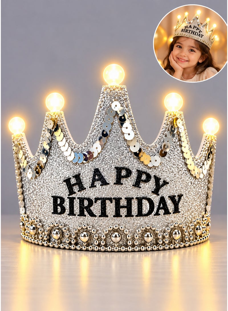 Party Time Silver Happy Birthday Crown LED Birthday Cap, Birthday Tiara Headband, Birthday Party Cap, Light Up Birthday Crown, Birthday Hat, Party Hat, Birthday Celebration Accessories For Boy and Girls - Image 1