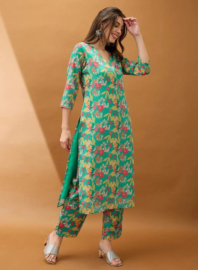 جلو باص طقم من بنطال وكورتا بطبعة زهور