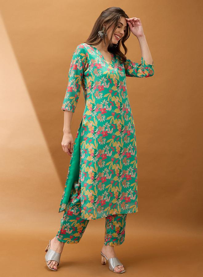 Globus Women Green Floral Printed Straight Kurta with Pant Set - Image 2