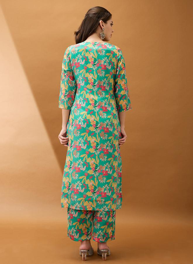 Globus Women Green Floral Printed Straight Kurta with Pant Set - Image 3