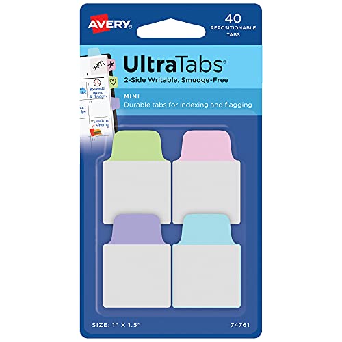 Avery Mini Ultra Tabs, 1" x 1.5", 2-Side Writable, Assorted Pastel Colors, 40 Repositionable Tabs (74761) - Image 1