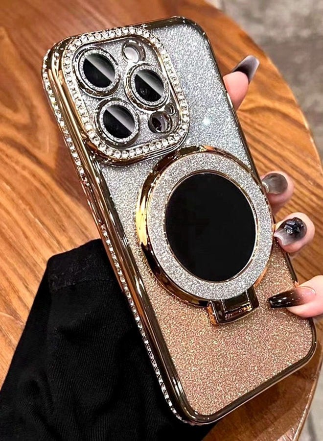 Magnetic Glitter Case for iPhone 16 Pro Max，with Bling Camera Lens Protector，Sparkly Stand，Mirror， Luxury Gradient Shockproof  iPhone 16 Pro Max Cover，Gold