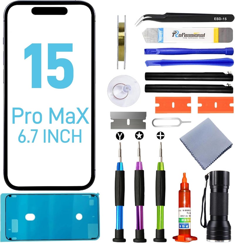 Tpyag for IPhone 15 Pro Max Screen Replacement, Glass Replacement for IPhone 15 Pro Max 6.7 inch, Screen Repair Kit with Waterproof Adhesive(NO OLED & Touch Digitizer) - Image 1
