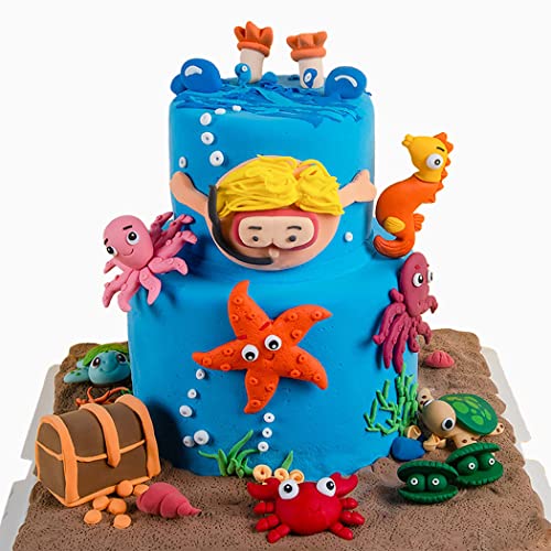 MAOMIA 7 Pcs Handmade Ocean Sea Animals Cake Toppers Sea Creatures Theme Birthday Cake Decoration Starfish Turtle Crab Ornaments Baby Shower Party Supplies - Image 1