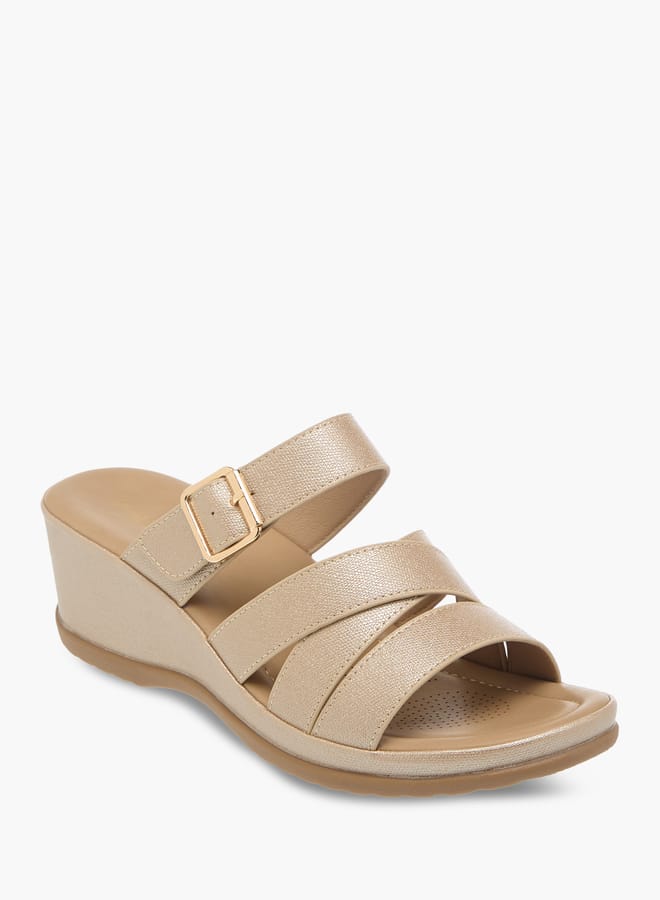 Flora Bella By Shoexpress Womens Textured Slip-On Wedge Heel Sandals With Buckle Detail - Image 3