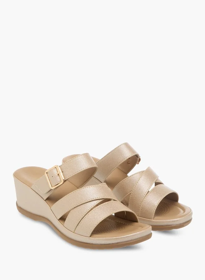 Flora Bella By Shoexpress Womens Textured Slip-On Wedge Heel Sandals With Buckle Detail