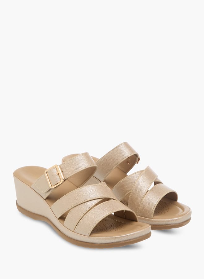 Flora Bella By Shoexpress Womens Textured Slip-On Wedge Heel Sandals With Buckle Detail - Image 2