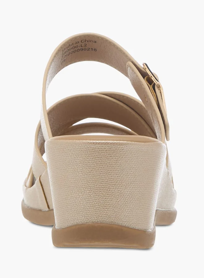 Flora Bella By Shoexpress Womens Textured Slip-On Wedge Heel Sandals With Buckle Detail