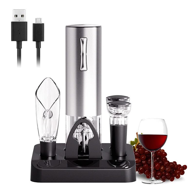 COKUNST COKUNST Electric Wine Opener Set with Stand USB Charging Corkscrew Remover Oneclick Button Rechargeable Cordless Bottle Openers with Wine Pourer Vacuum Stoppers Foil Cutter for Home Party Wedding