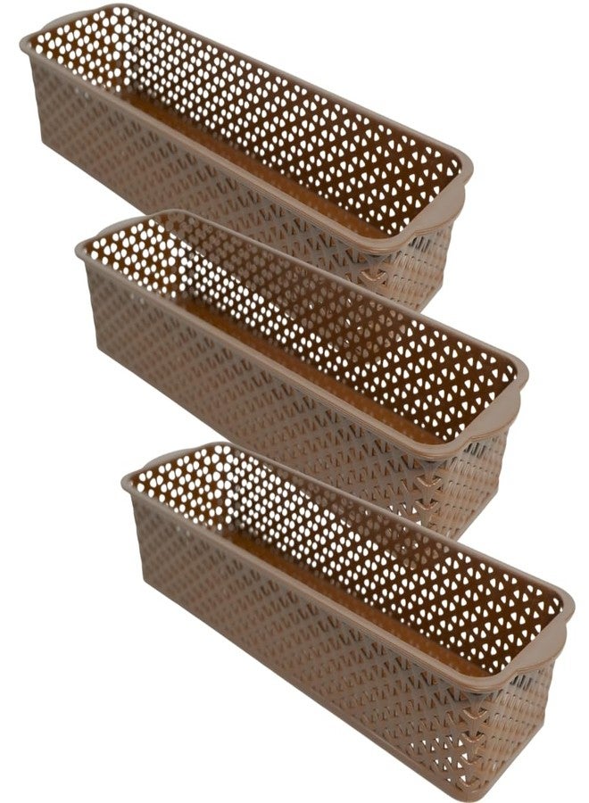 MORVI Deskmate Multi-Purpose Plastic Storage Basket|Durable Stackable Organizer Tokri For Home,Kitchen,Bathroom & Office| Drawer Tray,Cutlery,Cosmetics,Stationery|Set Of 3|Brown - Image 1