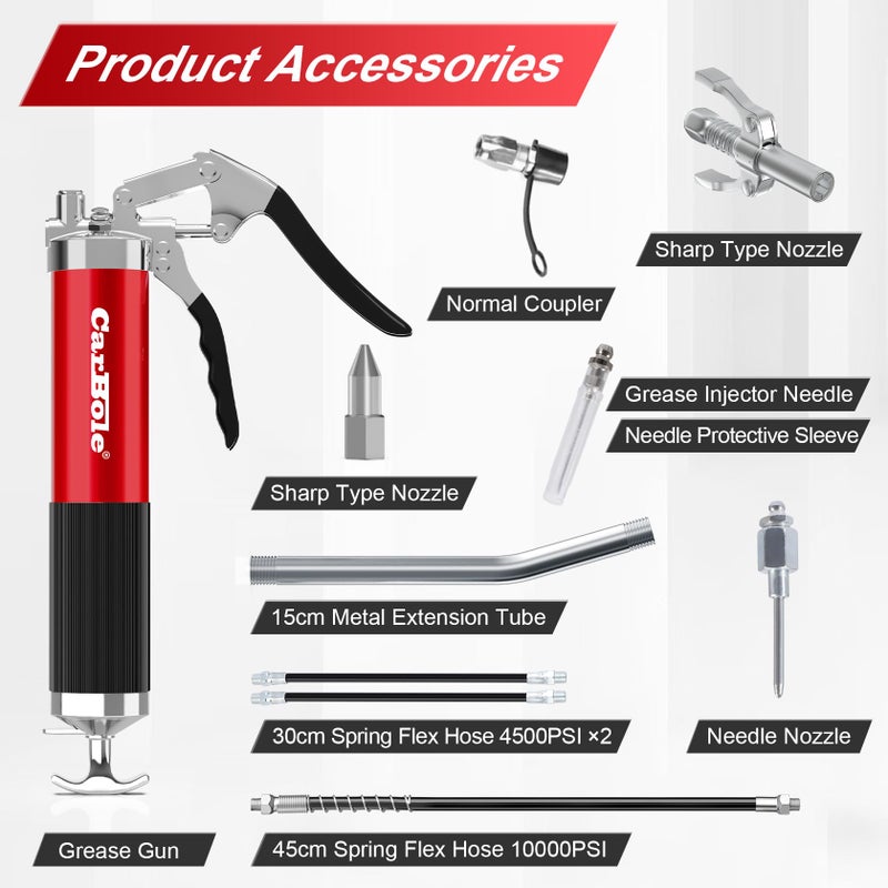 CarBole مسدس شحم CarBole 8000PSI مع موصل و 3 خراطيم مرنة وأنبوب تمديد معدني، مع أربعة أنواع من الفوهات ومناسب لسيناريوهات مختلفة، متوافق مع خرطوشة 400cc - Image 2