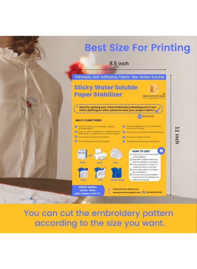 New brothread 6PCS 8.5"x11" Sticky Water Soluble Embroidery Stabilizer Printable Paper Stabilizer - Medium Weight - Allowed for Print or Draw Patterns Best for Hand & Machine Embroidery - Image 2