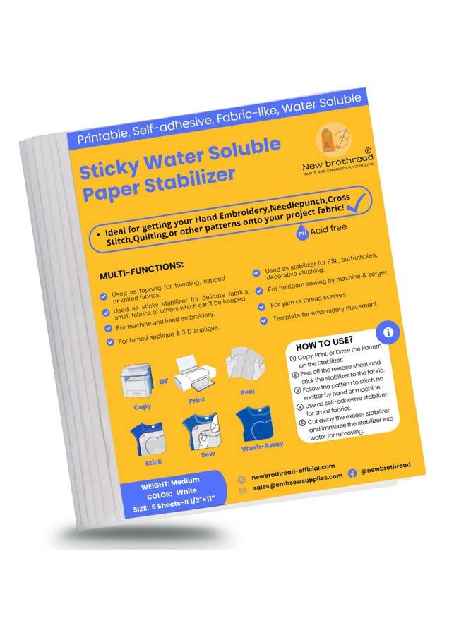 New brothread 6PCS 8.5"x11" Sticky Water Soluble Embroidery Stabilizer Printable Paper Stabilizer - Medium Weight - Allowed for Print or Draw Patterns Best for Hand & Machine Embroidery - Image 1