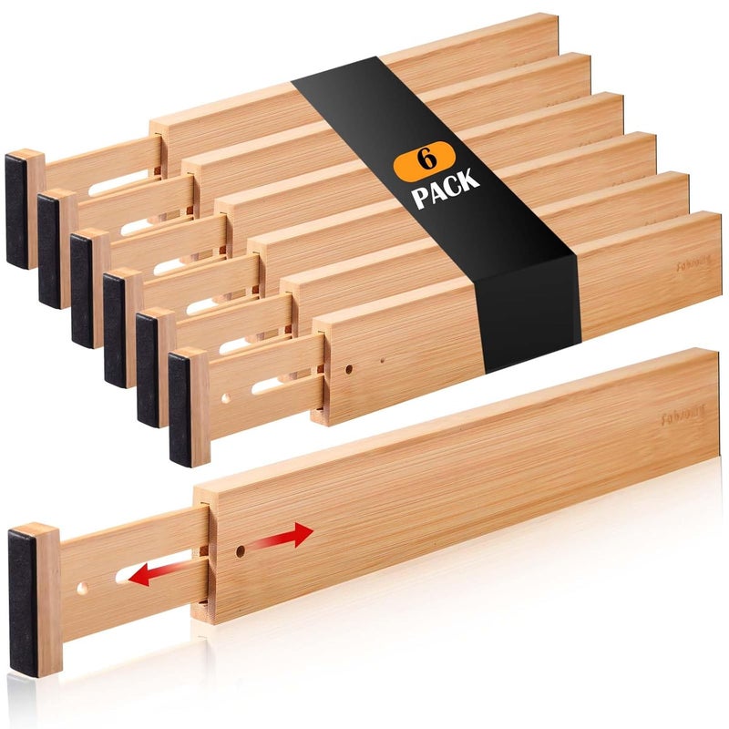 Fabsome Drawer Divider 6 Pack Bamboo Kitchen Dividers Organizers Adjustable 1722 Wooden Dresser Separators for Nursery Organization Clothes Socks Underwear Baby Clothing with Soft Foam Ends - Image 1