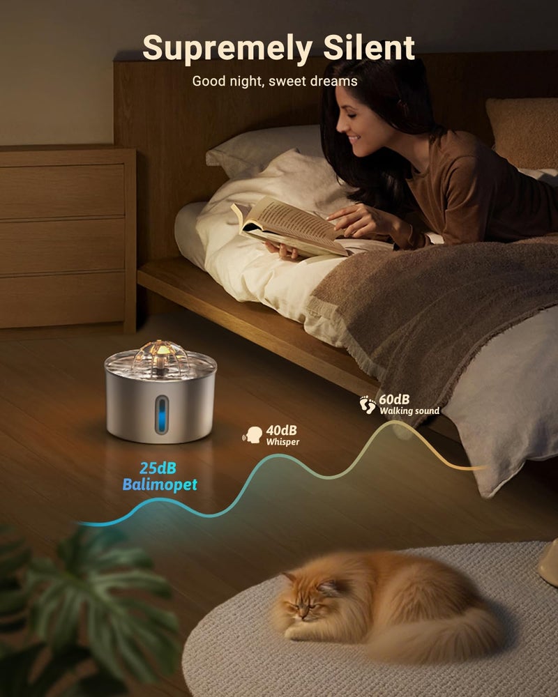 BalimoPet Cat Water Fountain Stainless Steel - 74oz/2.2L Pet Gift Dog Water Dispenser Automatic Silent Cats Dispenser for Drinking Indoor Metal Kitty Spout Fountains with 3 Filters & 3 Sponges Cat Dogs Gifts - Image 4
