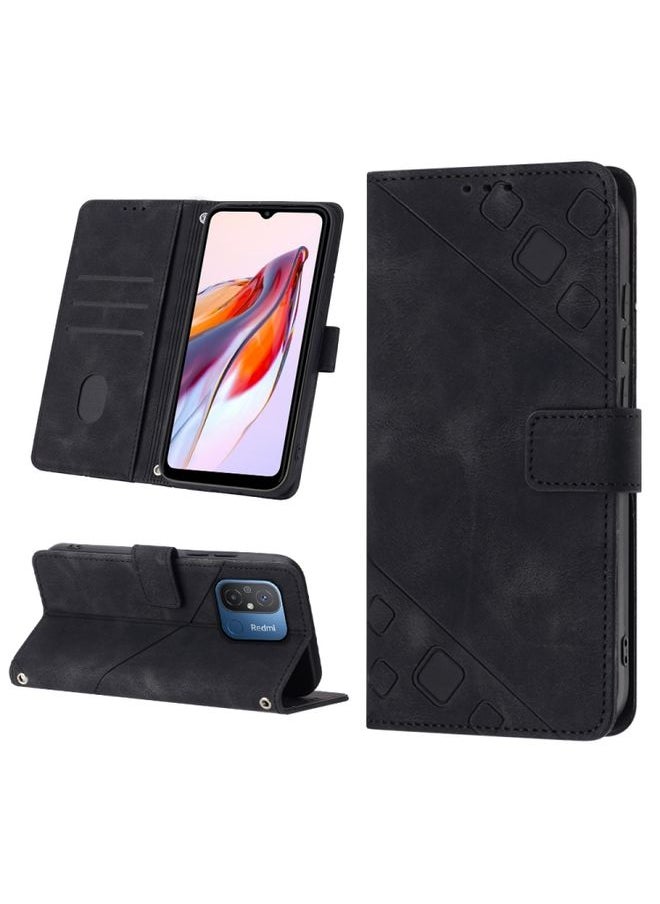 HuHa Case Cover For Xiaomi Poco C55 / Redmi 12C / 11A Skin-feel Embossed Leather Phone Case Black 