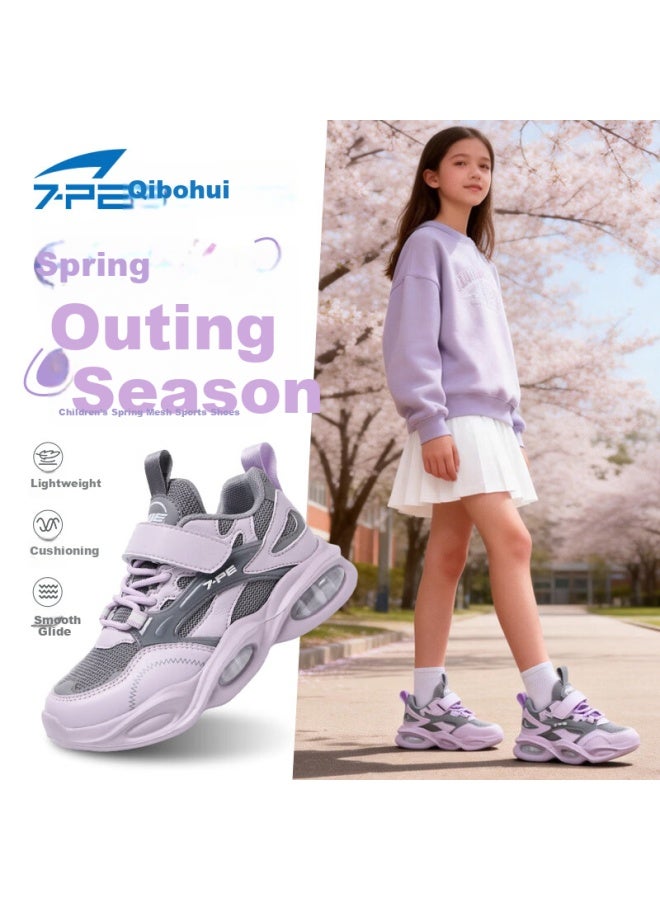 7-pe Girls' Shoes Spring New Breathable Mesh Pink Purple Youth Soft Sole Lightweight Children's Sports Sneakers