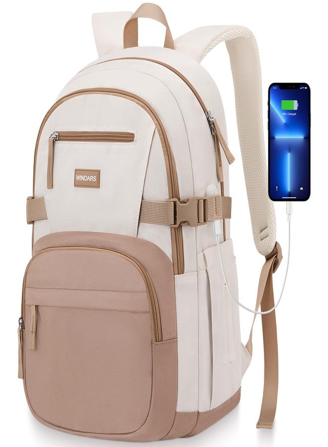 WINDARS Classic Backpack for Women, Lightweight High School Bookbag for Teens Girls, Waterproof 15.6 Inch Laptop Bag, Beige Khaki - Image 1