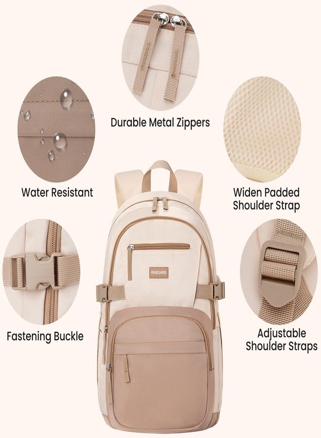 WINDARS Classic Backpack for Women, Lightweight High School Bookbag for Teens Girls, Waterproof 15.6 Inch Laptop Bag, Beige Khaki - Image 4