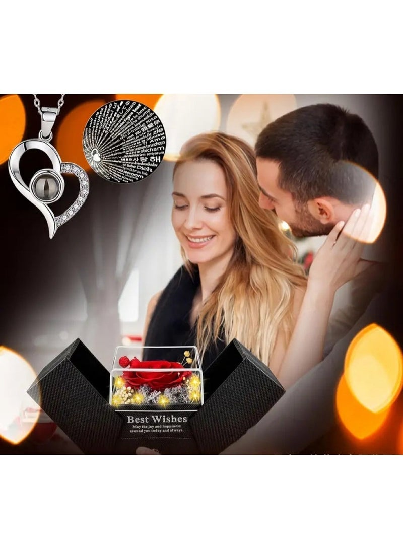 قلادة وردة حمراء حقيقية محفوظة على شكل قلب مع عبارة "أحبك" - هدية أبدية عاطفية لعيد الحب ويوم الأم والكريسماس والذكرى السنوية للنساء، الزوجة، الأم، الحبيبة، الجدة - Image 3