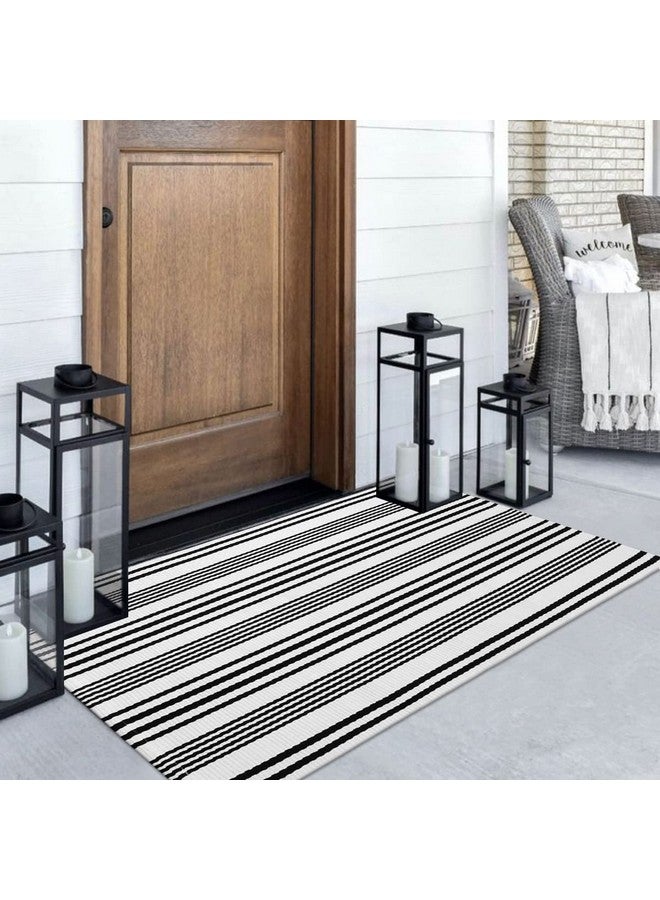 LEEVAN Black and White Striped Outdoor Rug, 3’x5’ Cotton Modern Front Porch Door Mat Hand-Woven Reversible Patio Rug Washable Layered Doorway Carpet for Farmhouse/Kitchen/Living Room - Image 1