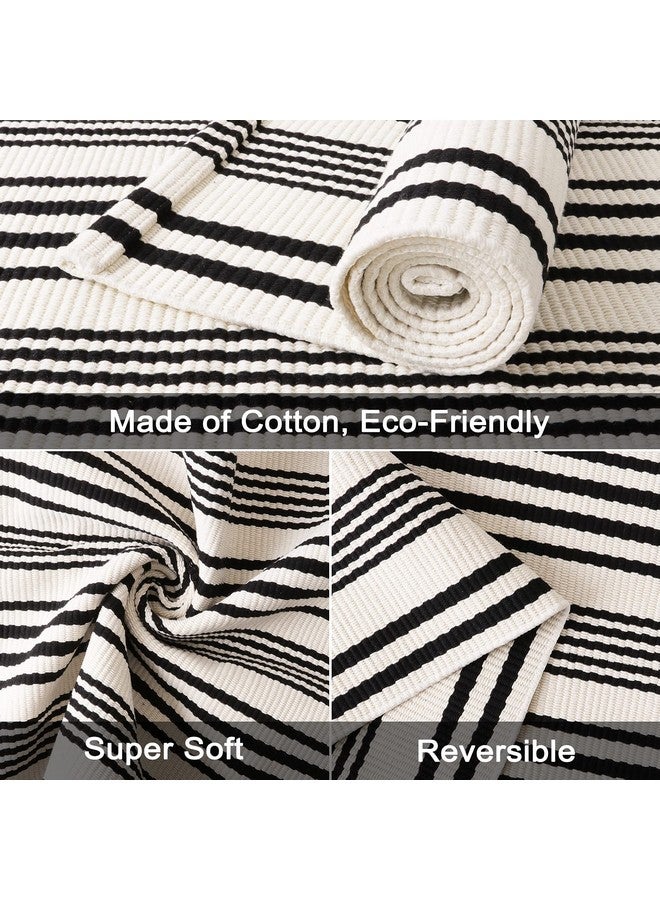 LEEVAN Black and White Striped Outdoor Rug, 3’x5’ Cotton Modern Front Porch Door Mat Hand-Woven Reversible Patio Rug Washable Layered Doorway Carpet for Farmhouse/Kitchen/Living Room - Image 2