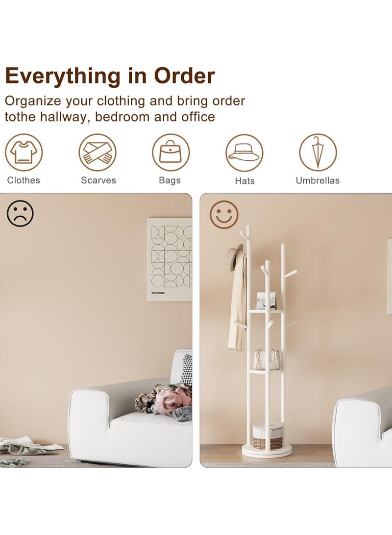 انسجام حامل معاطف قائم بذاته، شجرة معاطف حديثة مع 3 أرفف تخزين و9 خطافات، حامل معاطف معدني، حامل شجرة مع قاعدة رخامية للمدخل والممر وغرفة النوم - Image 4