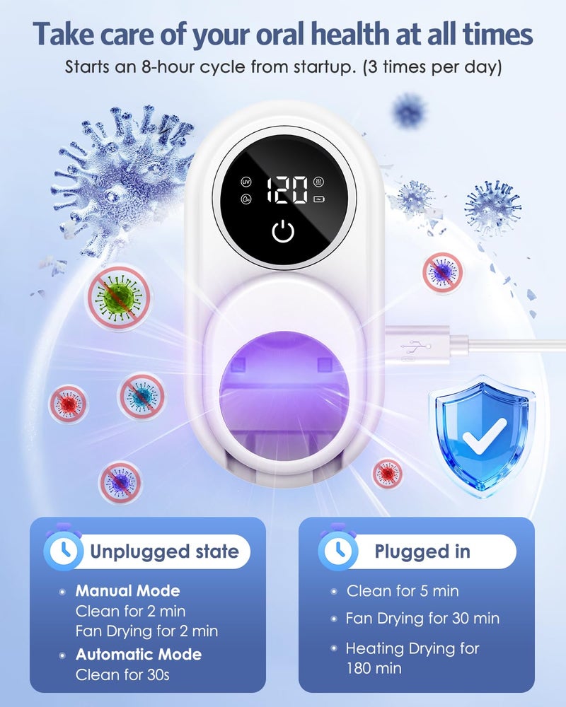 Temracha Toothbrush Sanitizer Holder, Upgraded UV Toothbrush Holder with Dual-Mode Clean & Fan Dry, LED Smart Screen, Auto-Inductive Cover, Toothbrush Wall Mounted Cleaner Organizer for Bathroom, Trip - Image 2