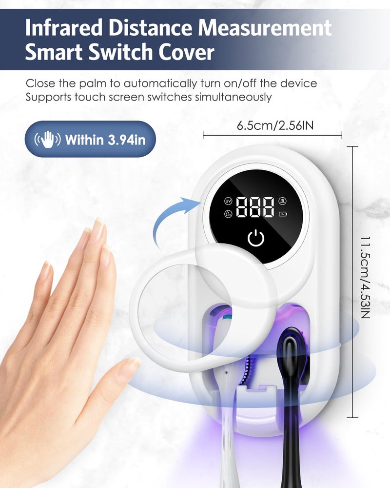 Temracha Toothbrush Sanitizer Holder, Upgraded UV Toothbrush Holder with Dual-Mode Clean & Fan Dry, LED Smart Screen, Auto-Inductive Cover, Toothbrush Wall Mounted Cleaner Organizer for Bathroom, Trip - Image 3