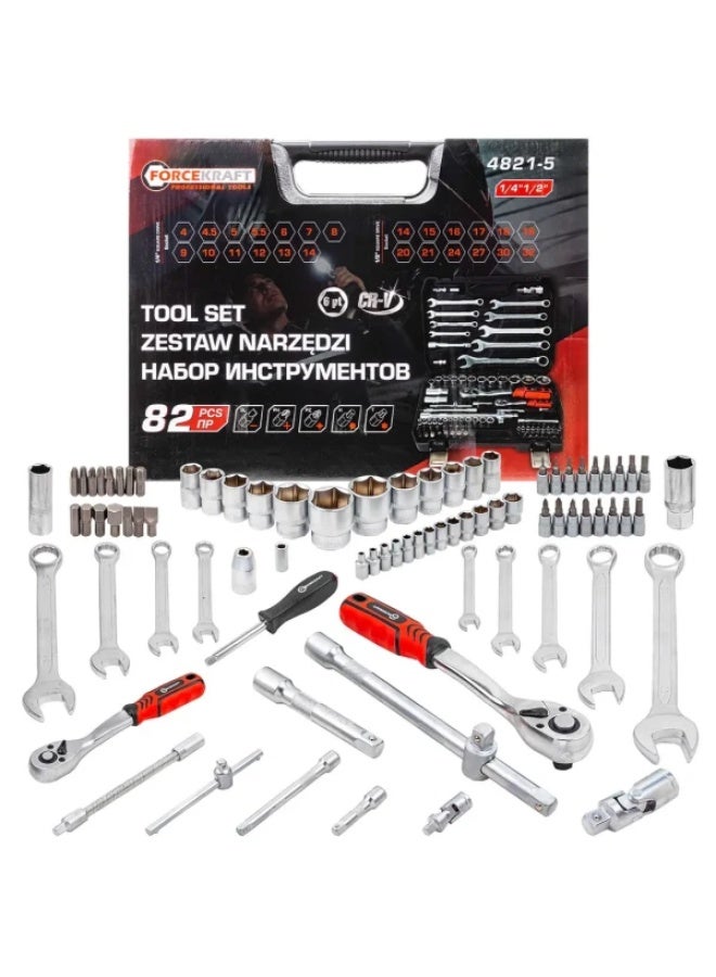 قسرية مجموعة أدوات Profi، 82 قطعة، 1/2" و1/4"، سداسي 6 نقاط، مقاسات 4-32 مم - Image 1