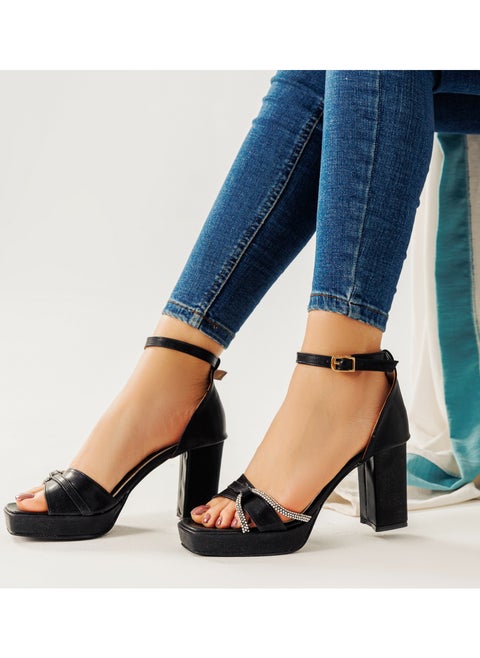 Sandal Almaza Leather High Heel  H-5 - Black