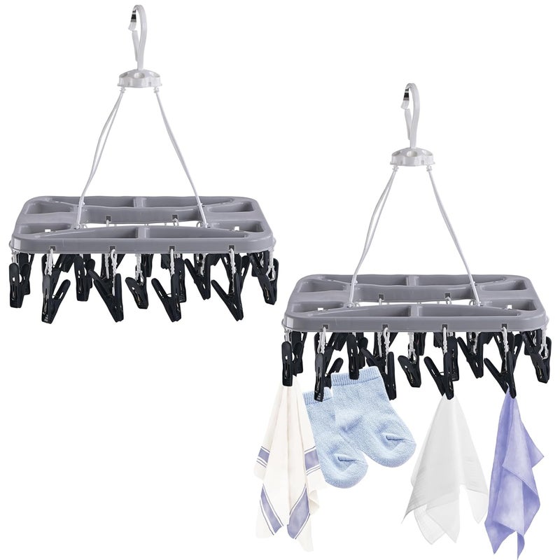 Kuber Industries 2 Pcs Plastic Cloth Drying Hanger with Clips 28 360 Rotating Balcony Laundry Hangers Stand for Drying Clothes Baby Cloth Socks Hankerchiefs Grey - Image 1