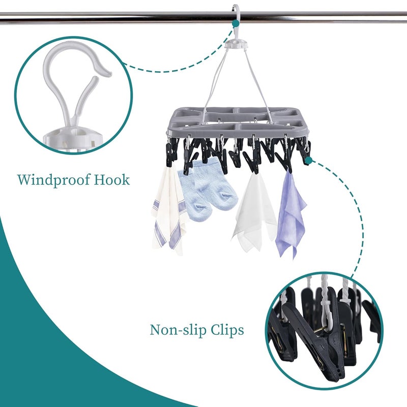 Kuber Industries 2 Pcs Plastic Cloth Drying Hanger with Clips 28 360 Rotating Balcony Laundry Hangers Stand for Drying Clothes Baby Cloth Socks Hankerchiefs Grey - Image 5