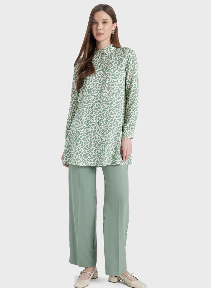 DeFacto Regular Fit Shirt Collar Printed Long Sleeve Tunic
