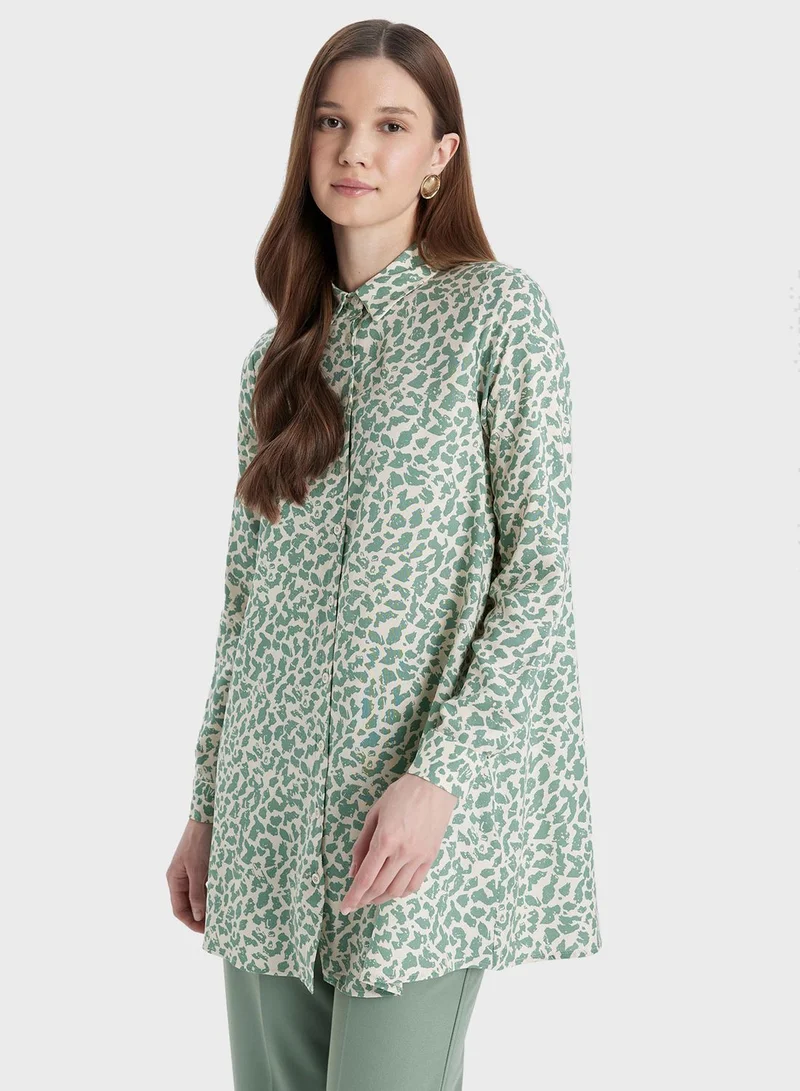 DeFacto Regular Fit Shirt Collar Printed Long Sleeve Tunic