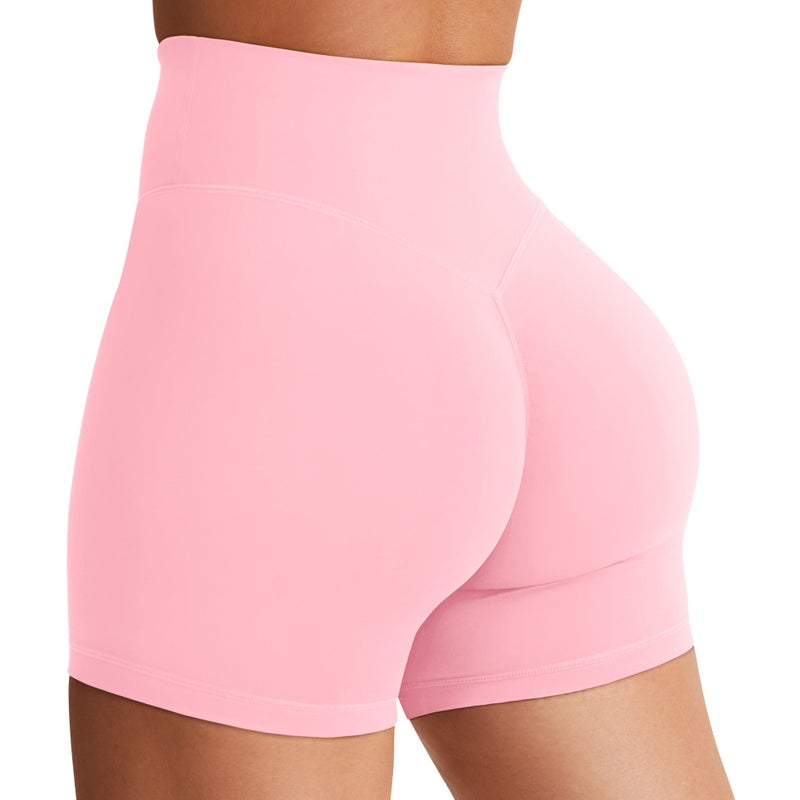 YEOREO Women's Biker Shorts 4.5" / 6" Workout Gym Shorts High Waist Tummy Control Hidden Scrunch Running Yoga Baby Pink - Image 1